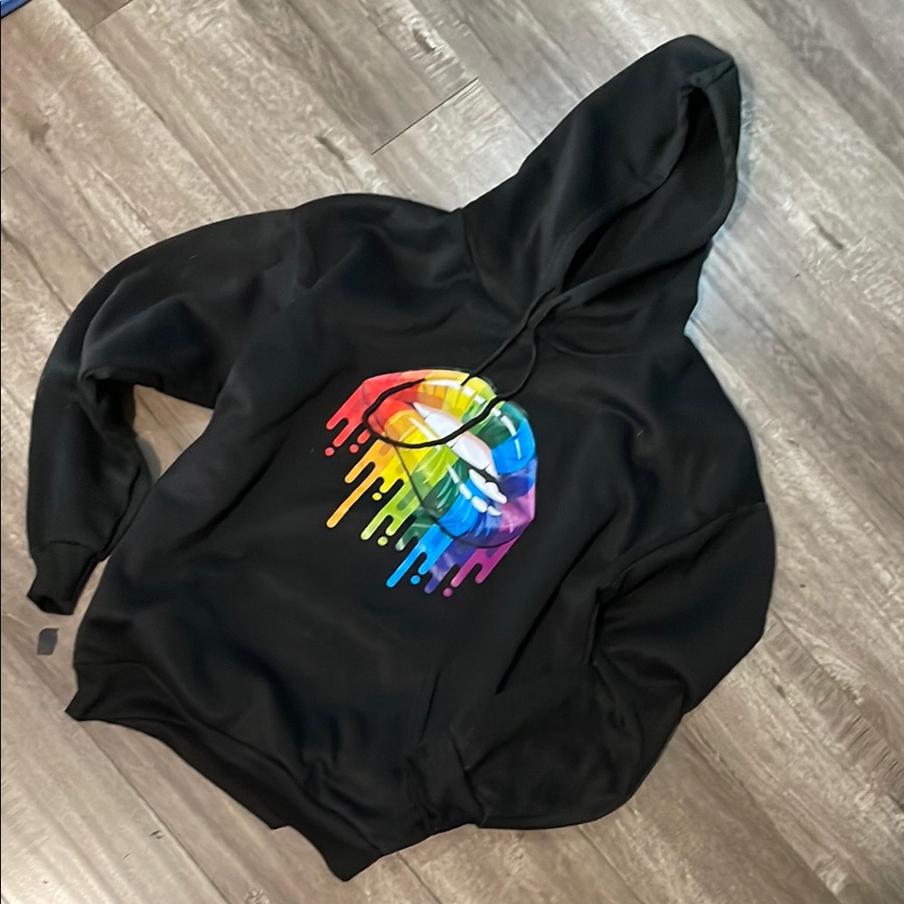 Black Hoodie with Dripping Rainbow Lips Design